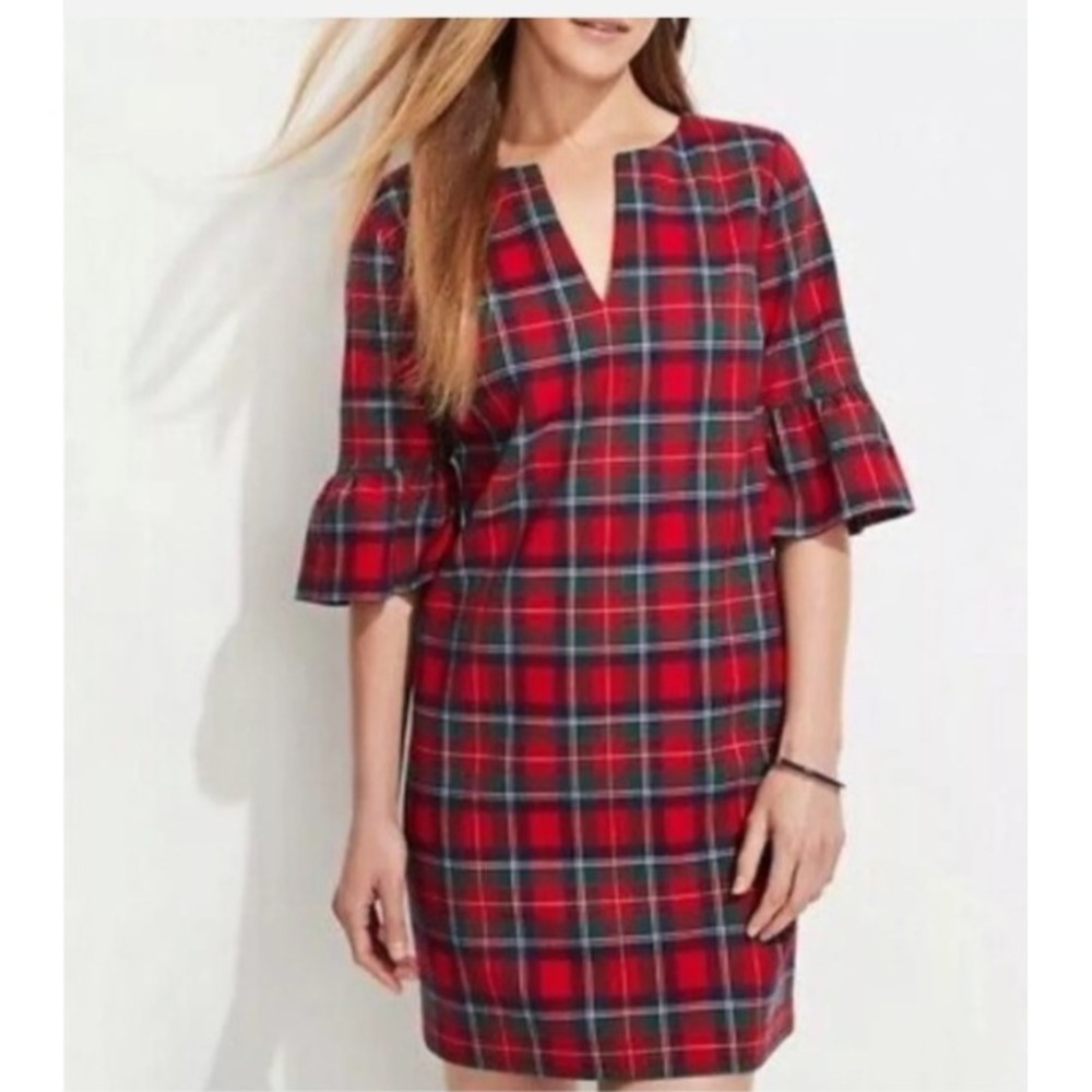 Vineyard Vines Greenwich Flutter Sleeve Dress Womens 2 Red Tartan Plaid Holiday